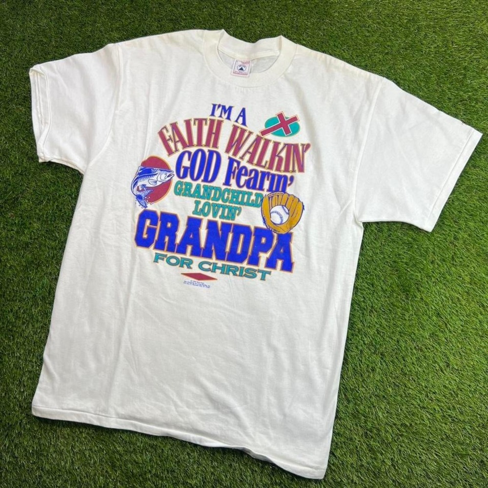 VTG Faith Walkin God Fearing Grandpa T Shirt Funny Christian Graphic Tee L
